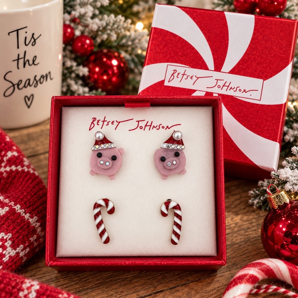 Betsey Johnson Christmas Pig Candy Cane Stud Earrings Set NIB